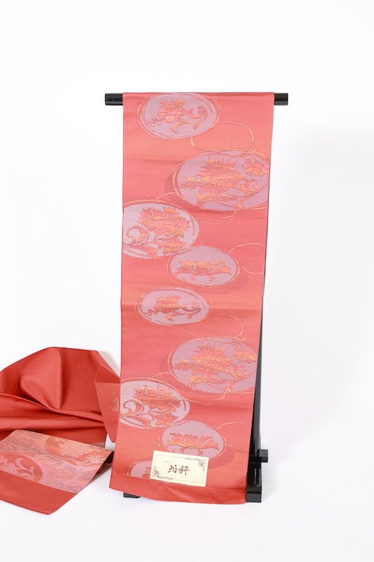 Nagoya obi (sash), brand new, unstitched, Hakata patterned weave, persimmon color, white, floral pattern, L106
