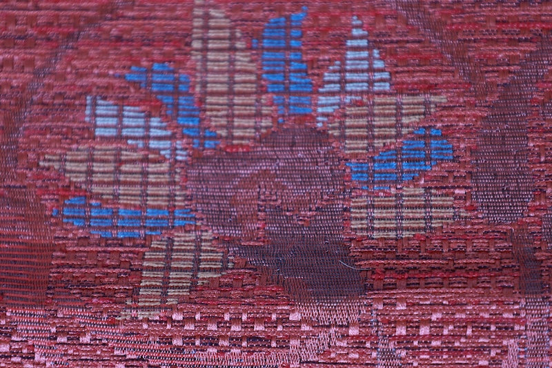 Nagoya obi  (sash), brand new, unstitched, Hakata patterned weave, salmon pink, brown, mustard, blue, floral pattern, L102