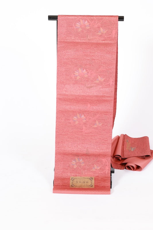 Nagoya obi  (sash), brand new, unstitched, Hakata patterned weave, salmon pink, brown, mustard, blue, floral pattern, L102