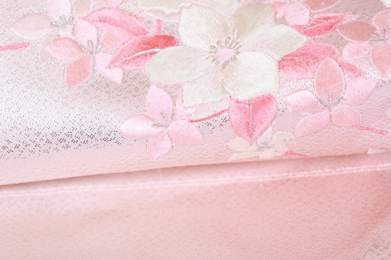 Nagoya obi used (sash) - Pink, silver, white, floral embroidery - L104