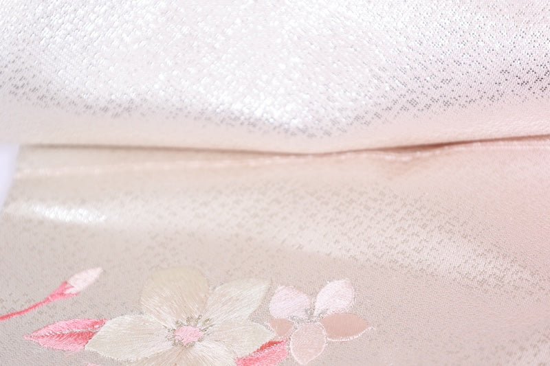 Nagoya obi used (sash) - Pink, silver, white, floral embroidery - L104