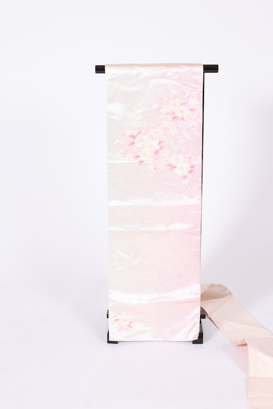 Nagoya obi used (sash) - Pink, silver, white, floral embroidery - L104