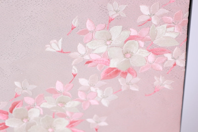 Nagoya obi used (sash) - Pink, silver, white, floral embroidery - L104