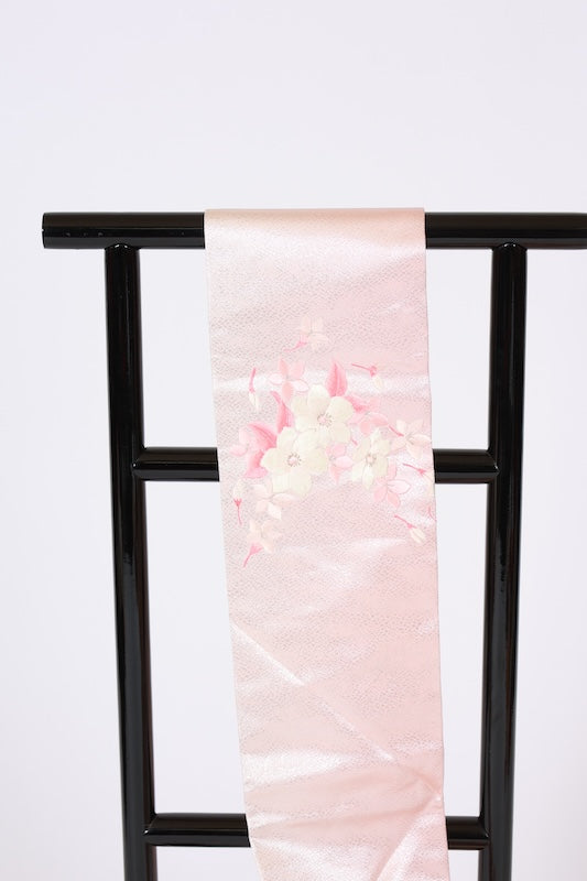 Nagoya obi used (sash) - Pink, silver, white, floral embroidery - L104
