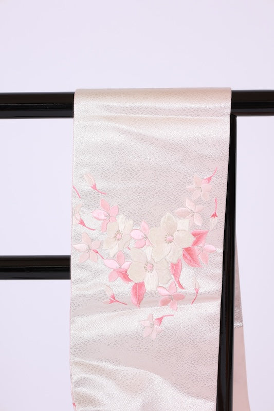 Nagoya obi used (sash) - Pink, silver, white, floral embroidery - L104
