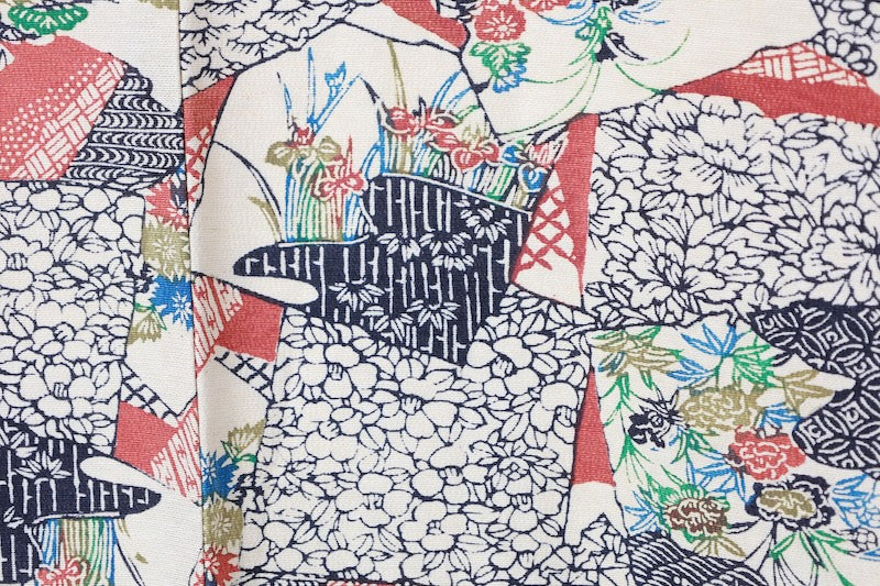 Japanease kimono usedTsumugi silk fabric, light green, black, green, brown, blue, stencil dyeing, L117