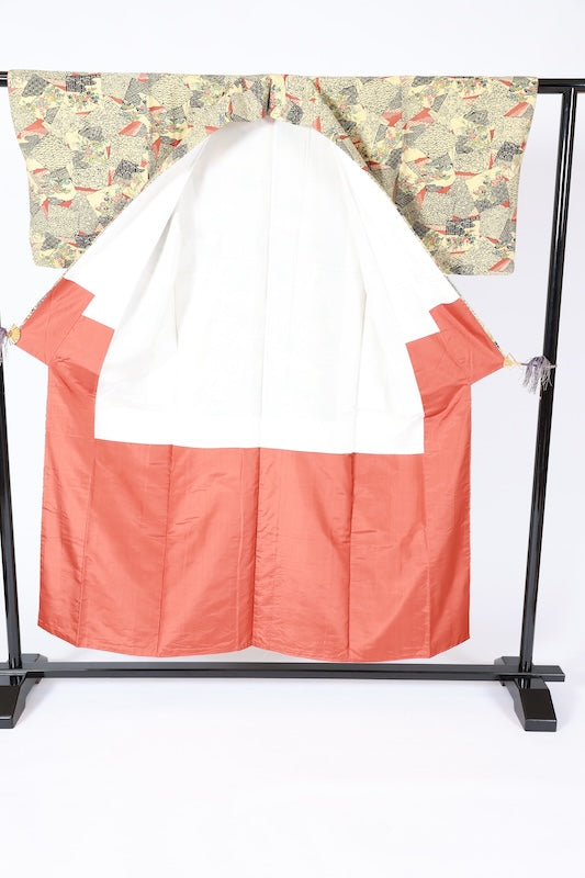 Japanease kimono usedTsumugi silk fabric, light green, black, green, brown, blue, stencil dyeing, L117