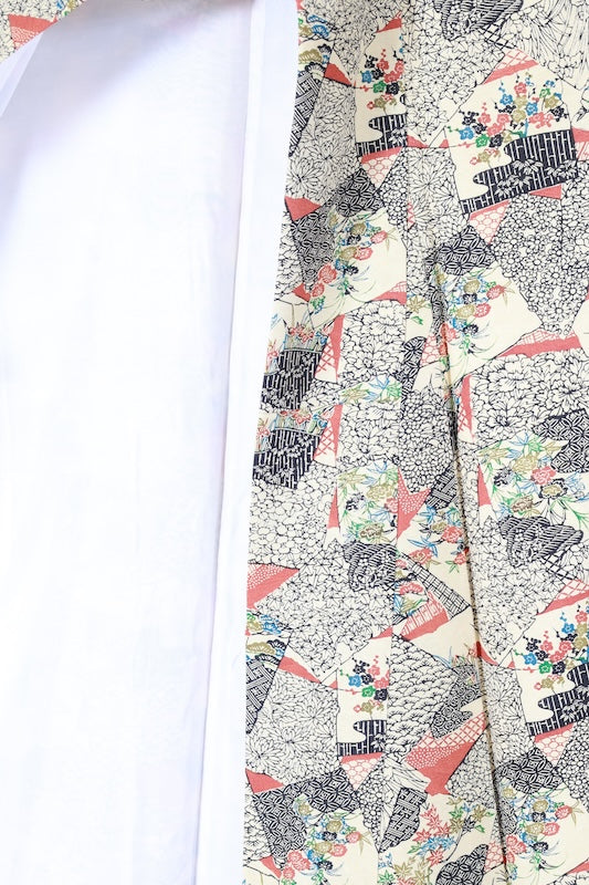 Japanease kimono usedTsumugi silk fabric, light green, black, green, brown, blue, stencil dyeing, L117