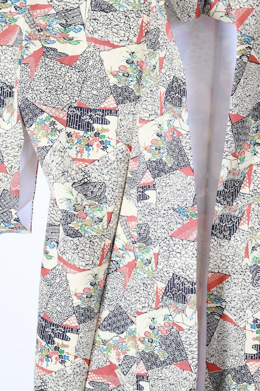 Japanease kimono usedTsumugi silk fabric, light green, black, green, brown, blue, stencil dyeing, L117