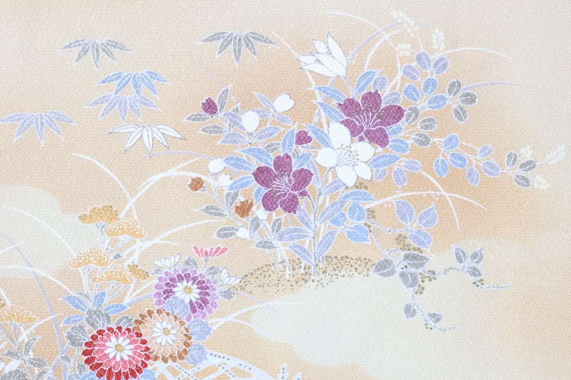 Japanese kimono used, shades of yellow, blue, reddish-brown, purple, white, gray, floral pattern, L116