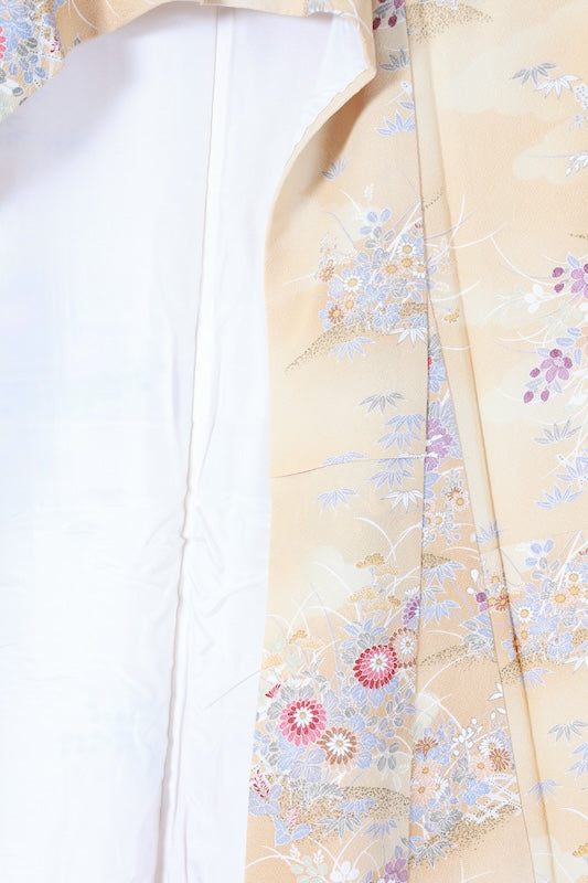 Japanese kimono used, shades of yellow, blue, reddish-brown, purple, white, gray, floral pattern, L116
