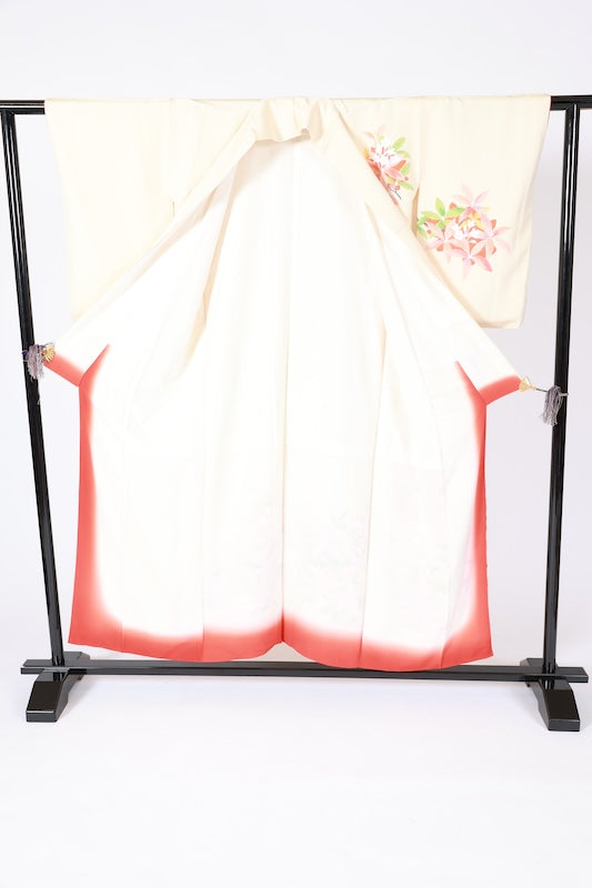 Japanese formal kimono used - Royal colors: cherry blossom pink, green, light purple, floral pattern, hand-painted Yuzen dyeing, artist's work, L113