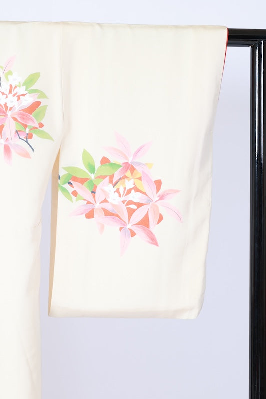 Japanese formal kimono used - Royal colors: cherry blossom pink, green, light purple, floral pattern, hand-painted Yuzen dyeing, artist's work, L113