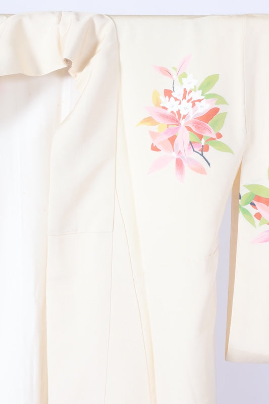 Japanese formal kimono used - Royal colors: cherry blossom pink, green, light purple, floral pattern, hand-painted Yuzen dyeing, artist's work, L113