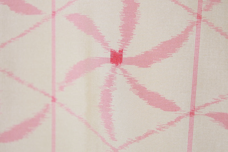 Japanese kimono used Tsumugi silk fabric, yellow, red, brown, ikat pattern, pinwheel design, handwoven, L110