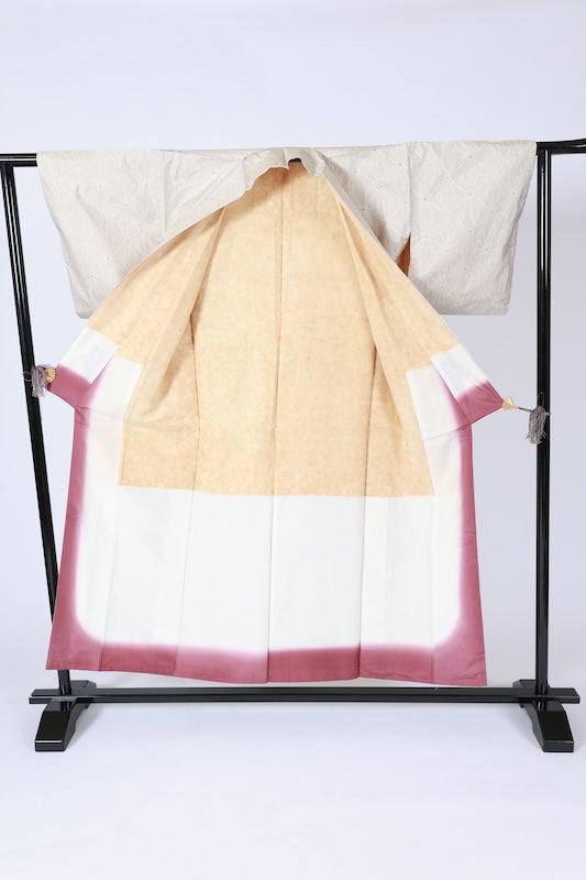 Japanese kimono used Authentic Oshima Tsumugi silk fabric, white and indigo, hemp leaf pattern, L117