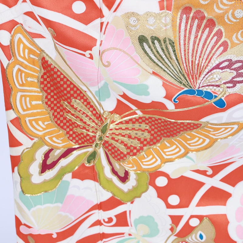 Japanese kimono  (L) -size 100% silk  / Furisode vermilion green beige white blue gold butterfly gold piece hand-painted Kyo Yuzen B383