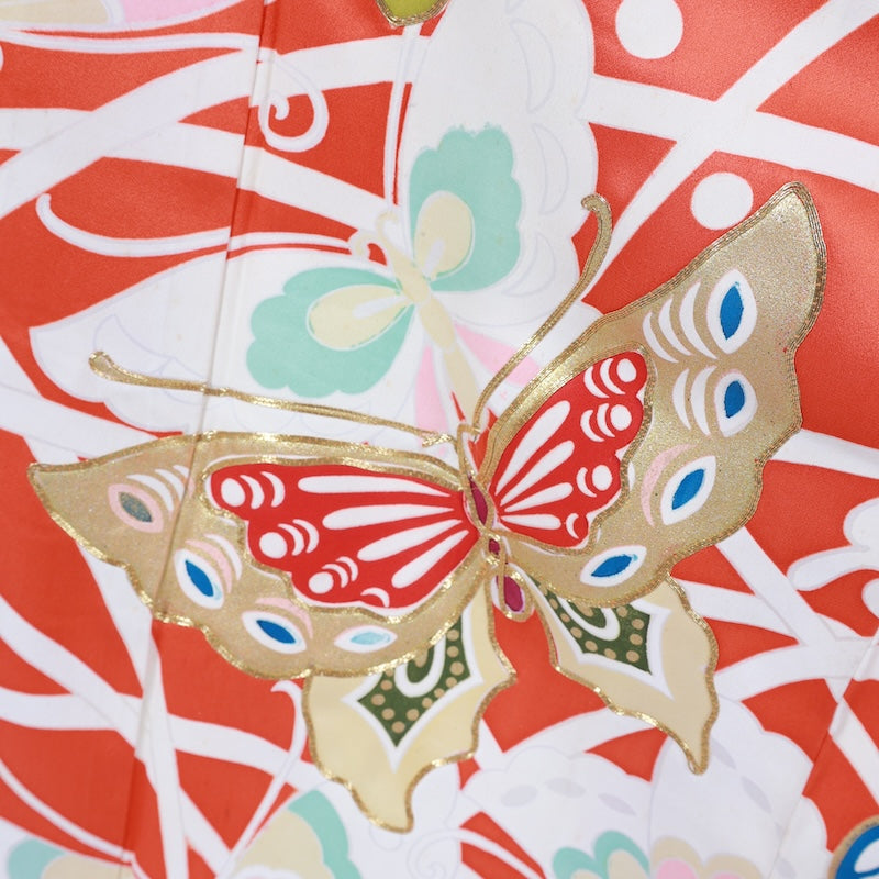 Japanese kimono  (L) -size 100% silk  / Furisode vermilion green beige white blue gold butterfly gold piece hand-painted Kyo Yuzen B383