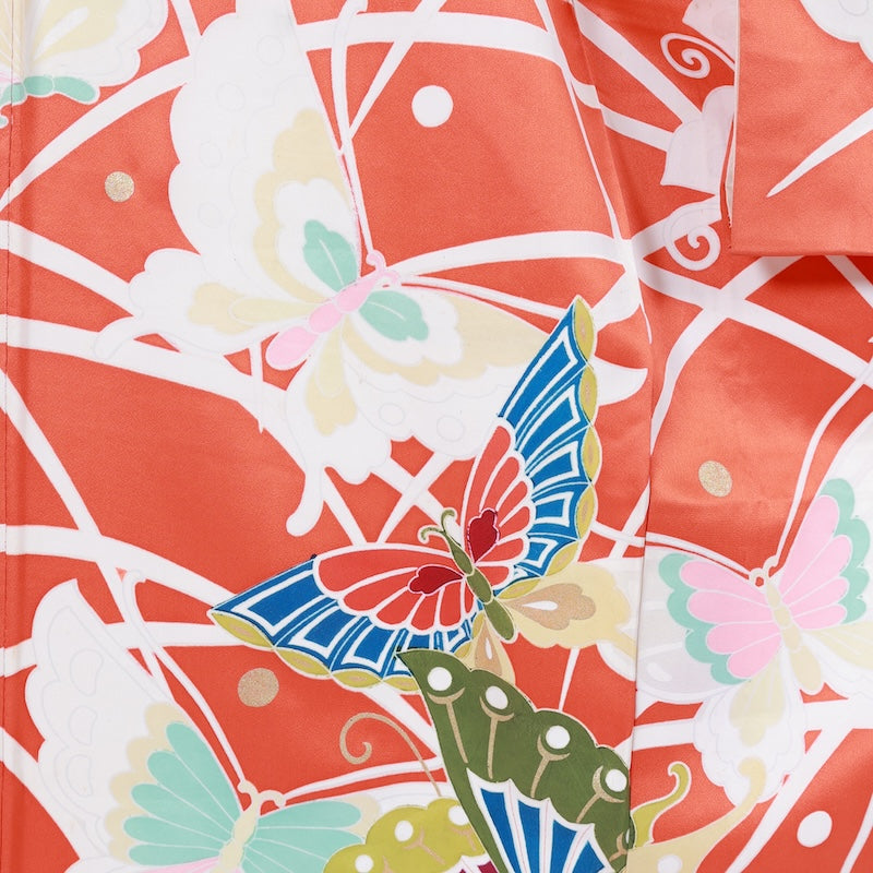 Japanese kimono  (L) -size 100% silk  / Furisode vermilion green beige white blue gold butterfly gold piece hand-painted Kyo Yuzen B383