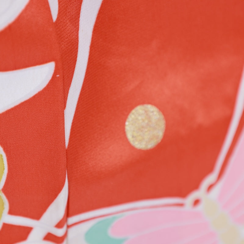 Japanese kimono  (L) -size 100% silk  / Furisode vermilion green beige white blue gold butterfly gold piece hand-painted Kyo Yuzen B383