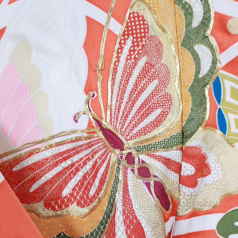 Japanese kimono  (L) -size 100% silk  / Furisode vermilion green beige white blue gold butterfly gold piece hand-painted Kyo Yuzen B383