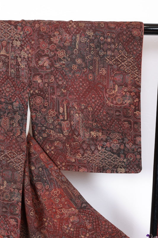 Komon kimono brown blue Hand-dyed New, unused item /D54