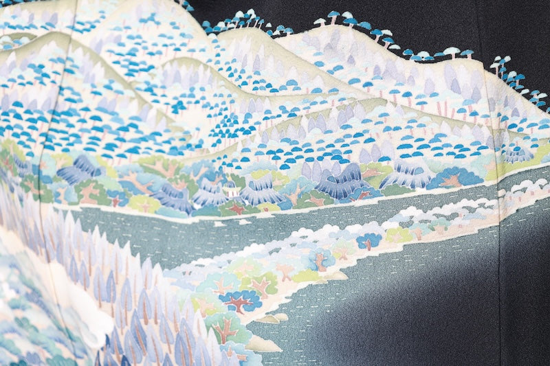 Kurotomesode kimono Yanbaru Scenery used /R419