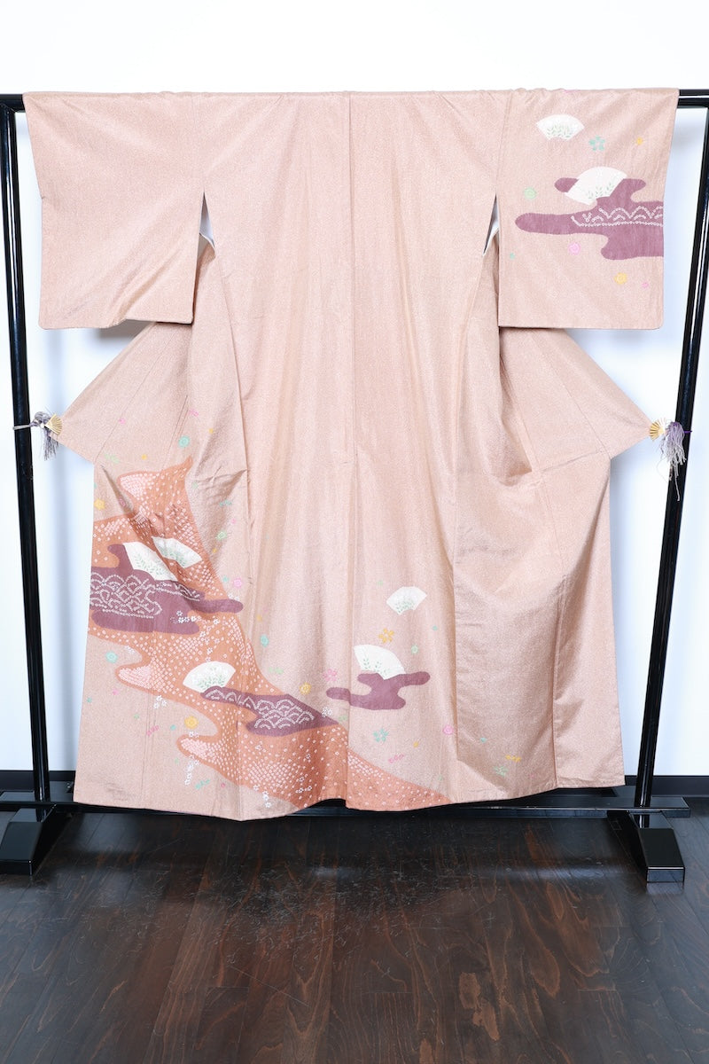 Houmongi kimono brown white pre-owned /R438