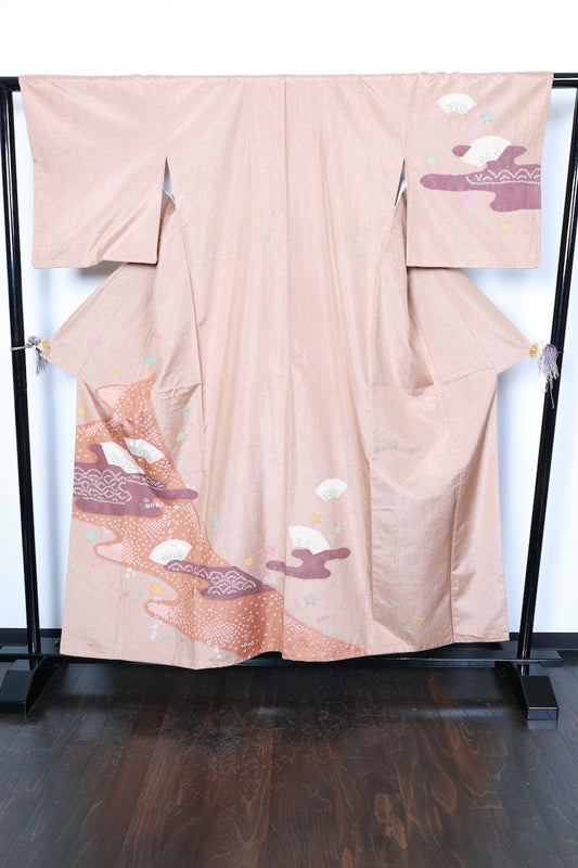 Houmongi kimono brown white pre-owned /R438