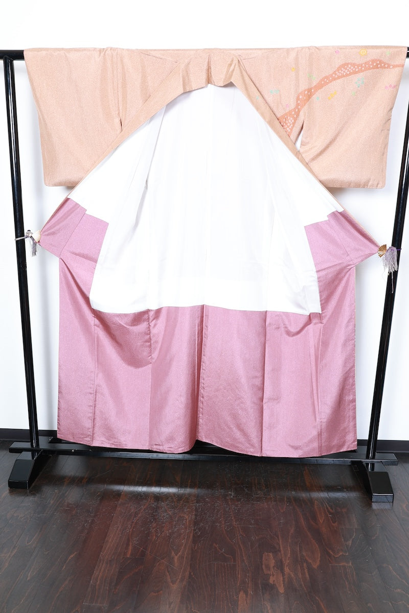 Houmongi kimono brown white pre-owned /R438