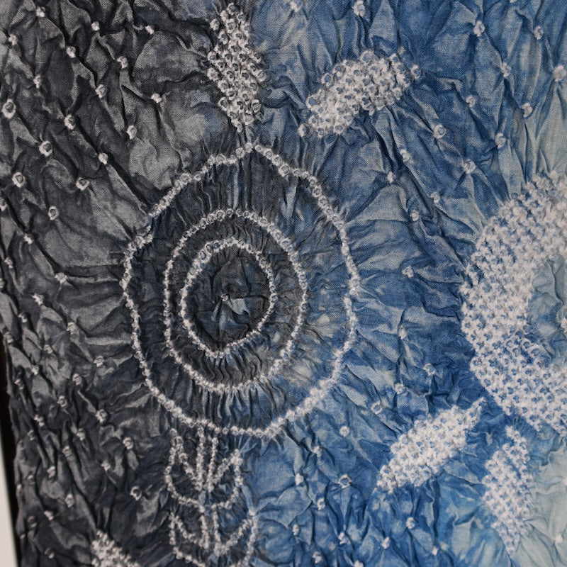 New Shibori Yukata, New, Kanoko Shibori, Indigo, Shades of Blue, White, Flowers, Z0003