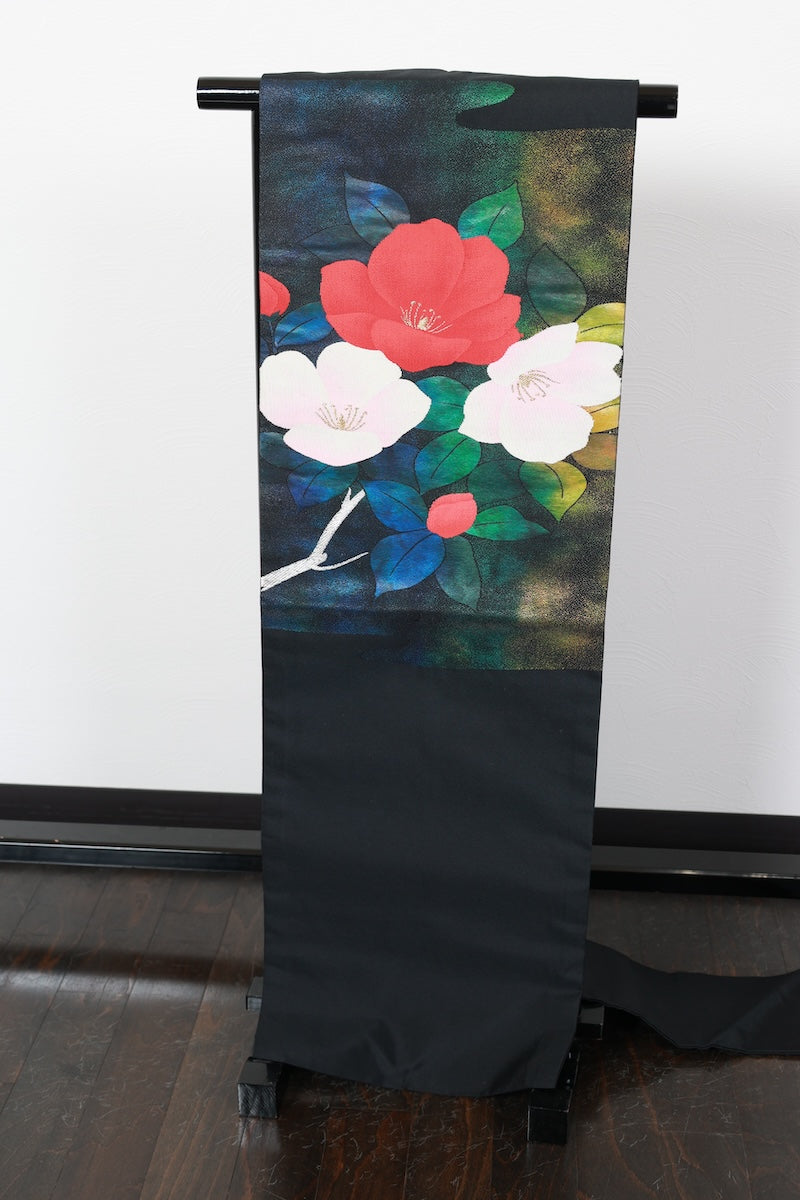 Nagoya-obi sash belt black flower Pre-owned /R487