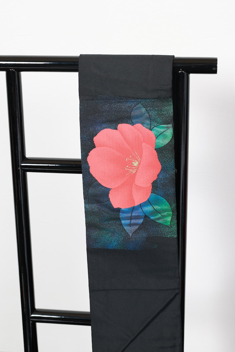 Nagoya-obi sash belt black flower Pre-owned /R487