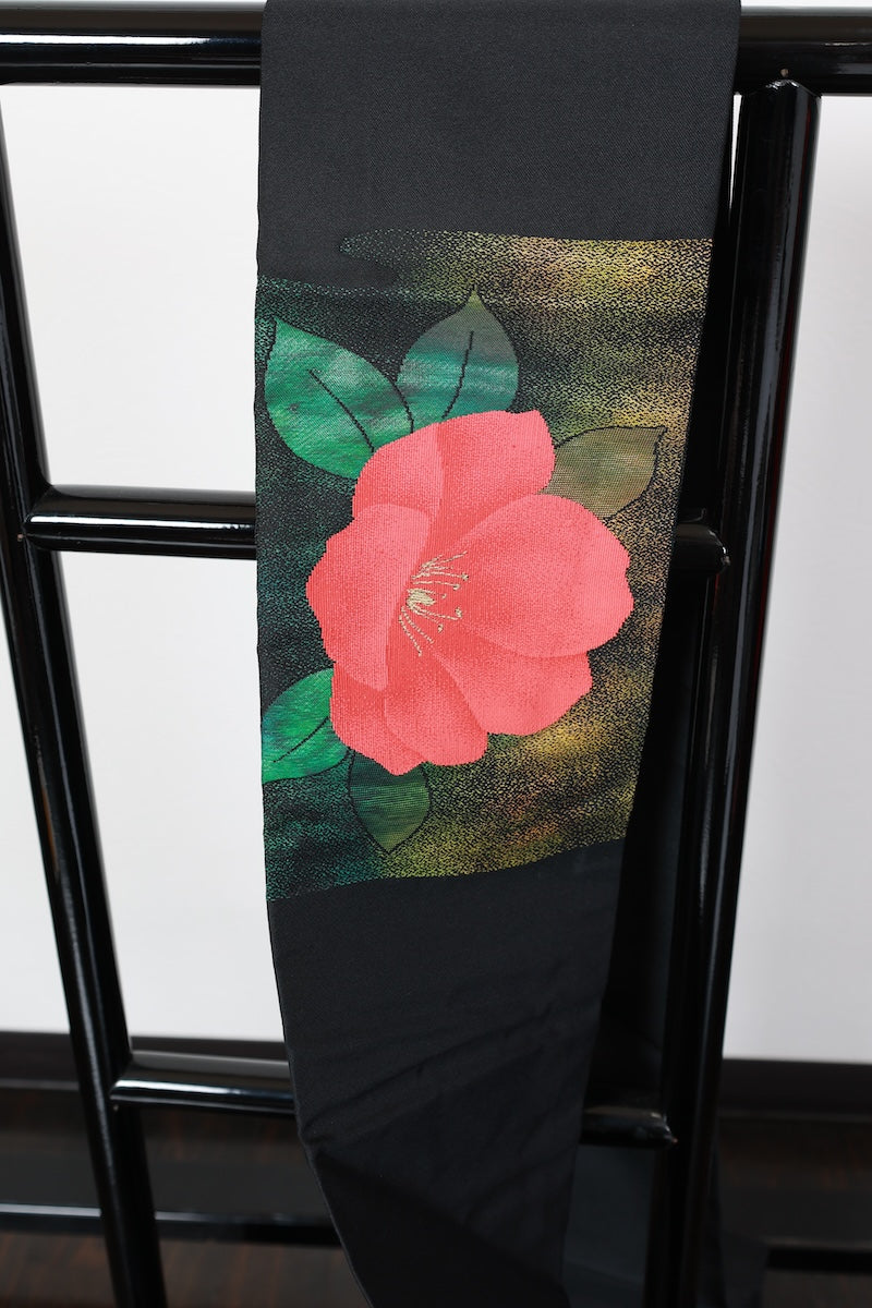 Nagoya-obi sash belt black flower Pre-owned /R487