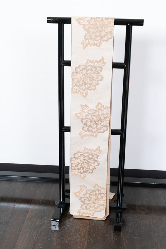 Hanhaba-obi sash belt beige green flower reversible pre-owned /R518