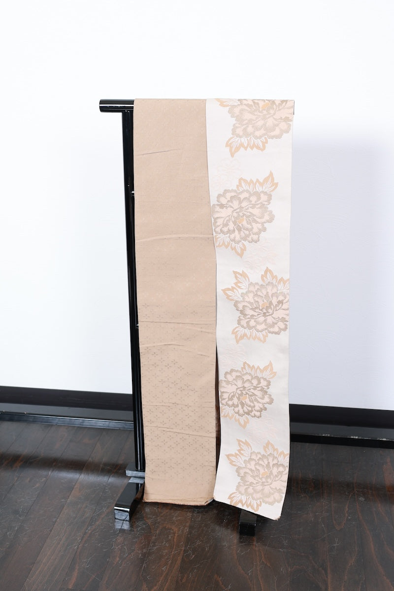 Hanhaba-obi sash belt beige green flower reversible pre-owned /R518