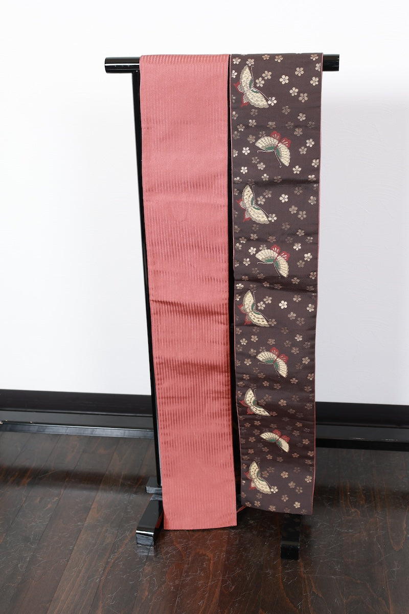 Hanhaba-obi sash belt brown gold butterfly reversible pre-owned /R514