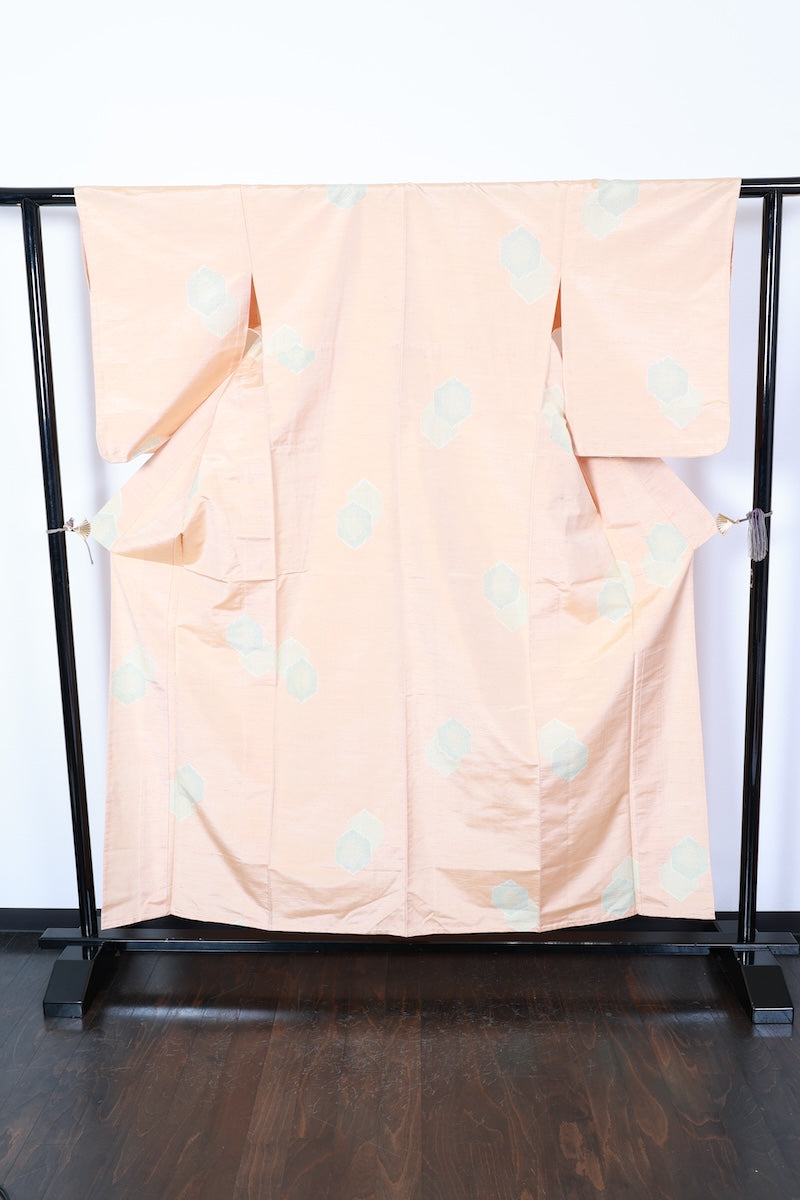 Tsumugi kimono beige green Hand-woven pre-owned /R567