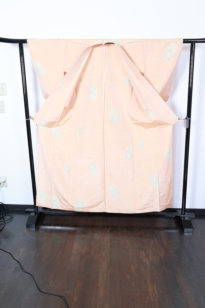 Tsumugi kimono beige green Hand-woven pre-owned /R567