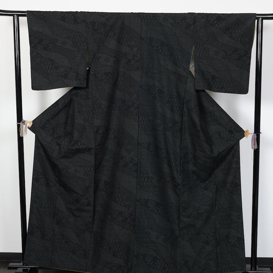 Japanese kimono used <tsumugi>-size L silk 100% silk  /T57