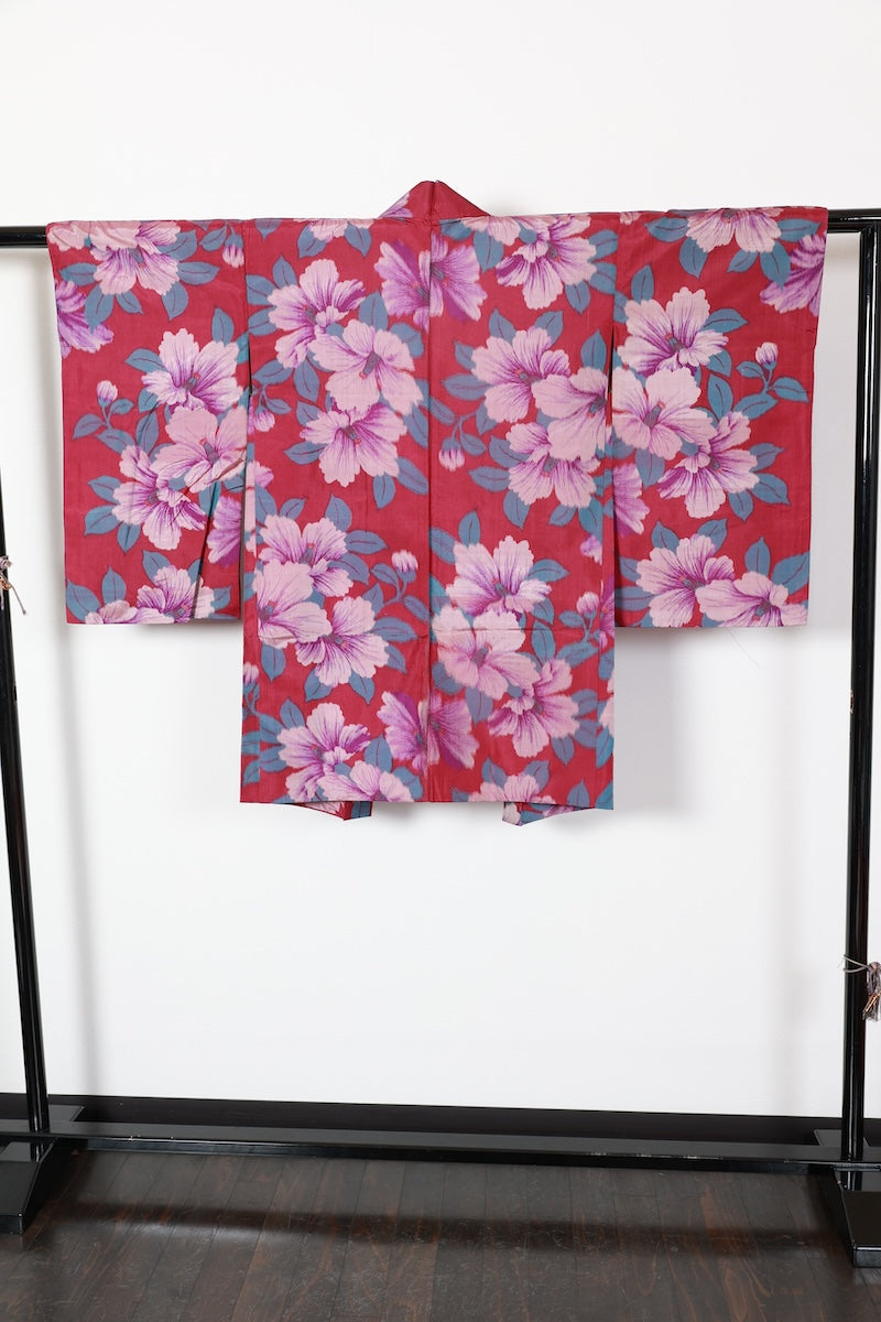 Antique Haori long jacket Reddish-purple flower pre-owned /R534