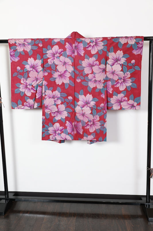 Antique Haori long jacket Reddish-purple flower pre-owned /R534