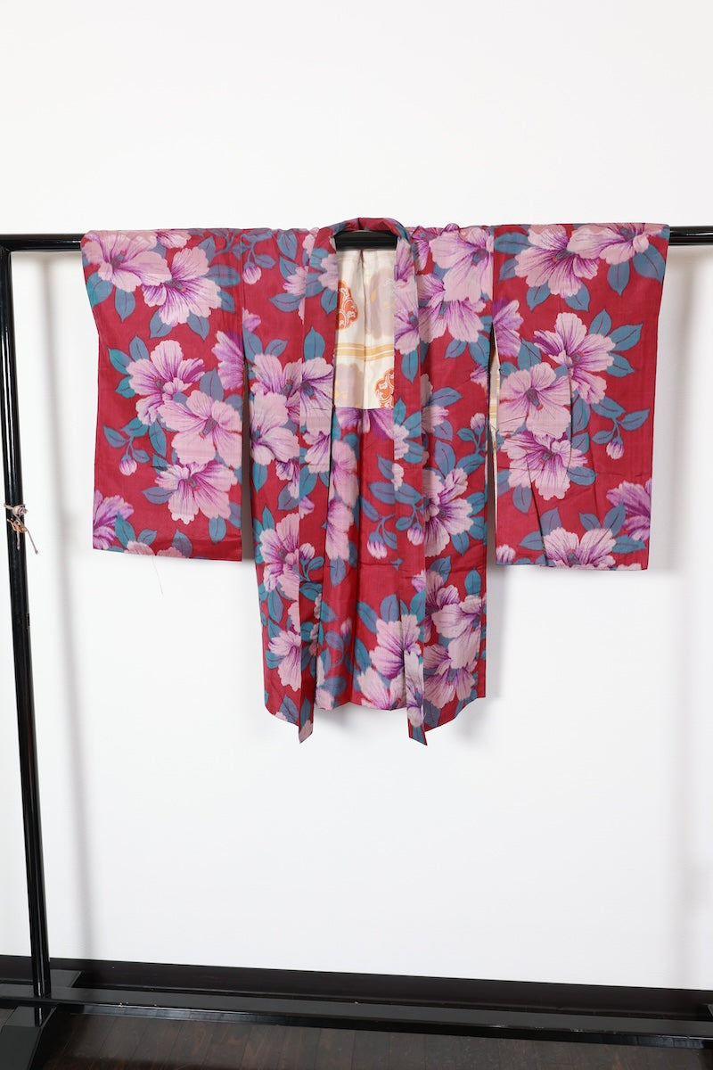 Antique Haori long jacket Reddish-purple flower pre-owned /R534