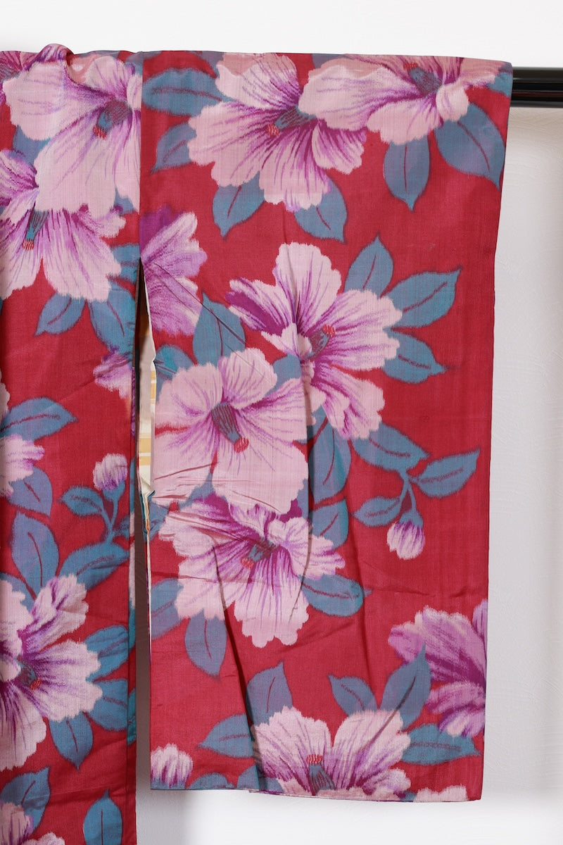 Antique Haori long jacket Reddish-purple flower pre-owned /R534