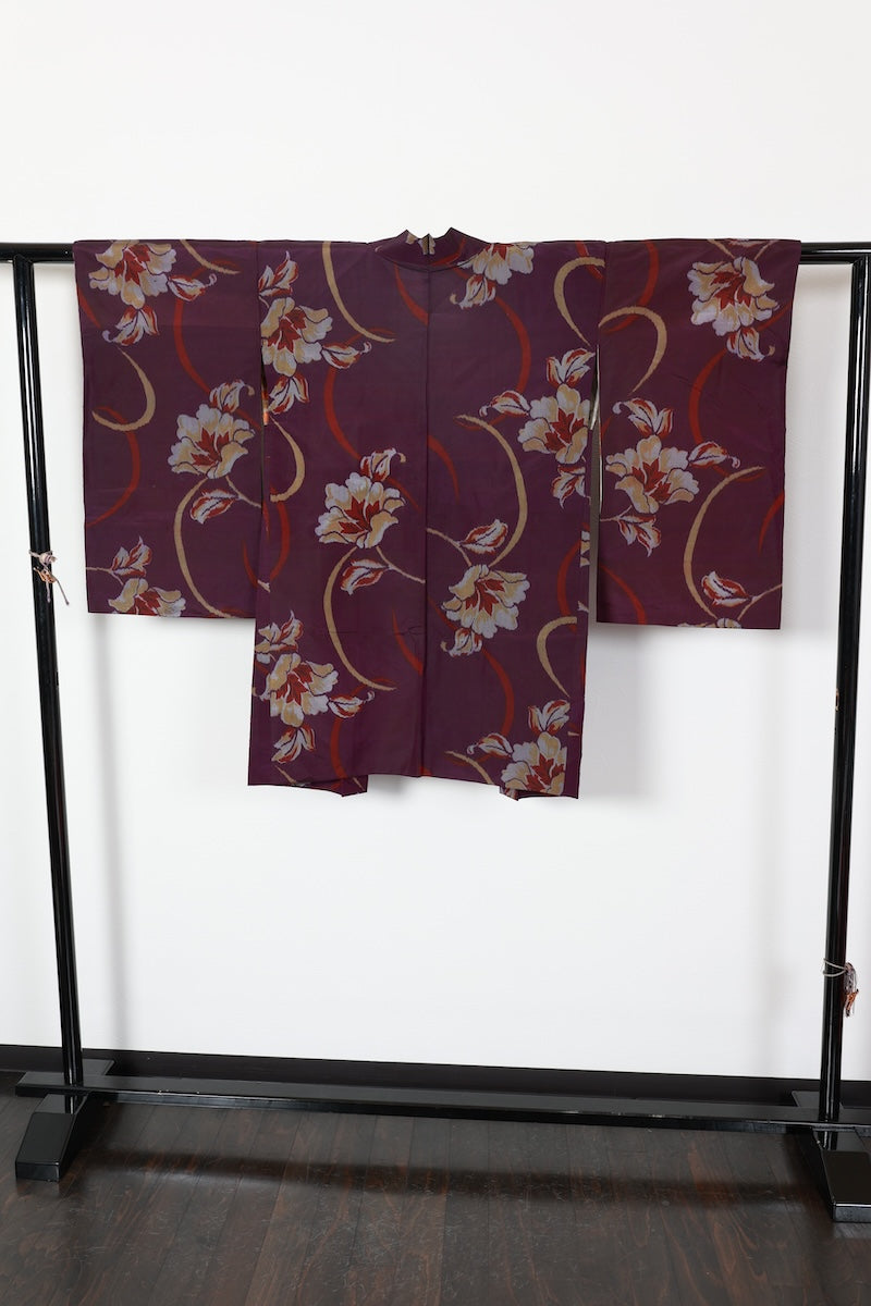 Antique Long Haori – Meisen – Purple, Mustard, Red, Gray – Floral & Kasuri Patterns – R565