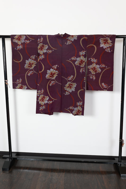 Antique Long Haori – Meisen – Purple, Mustard, Red, Gray – Floral & Kasuri Patterns – R565