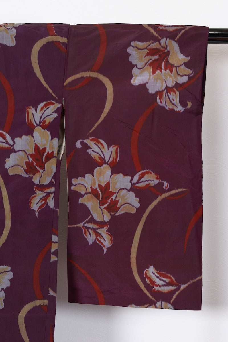 Antique Long Haori – Meisen – Purple, Mustard, Red, Gray – Floral & Kasuri Patterns – R565