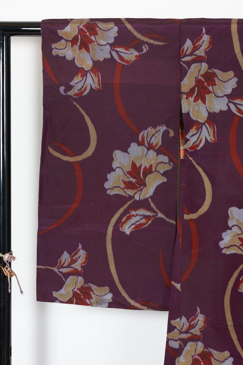 Antique Long Haori – Meisen – Purple, Mustard, Red, Gray – Floral & Kasuri Patterns – R565