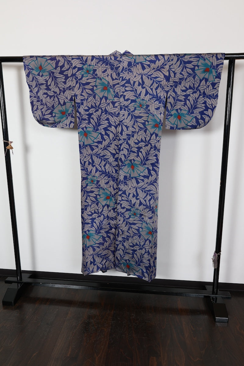Tsumugi kimono Blue Red Gray Flower pre-owned /R561