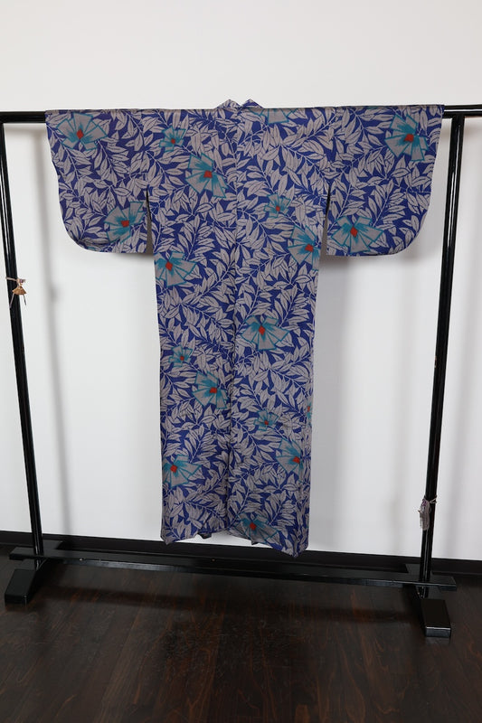 Tsumugi kimono Blue Red Gray Flower pre-owned /R561